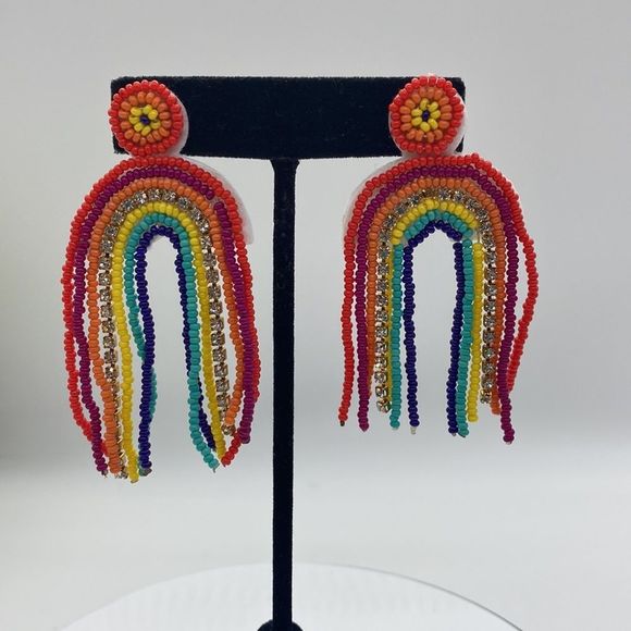 โจ๐Rainbow beaded crystal Tassel Drop Earrings๐โจ - Picture 8 of 8